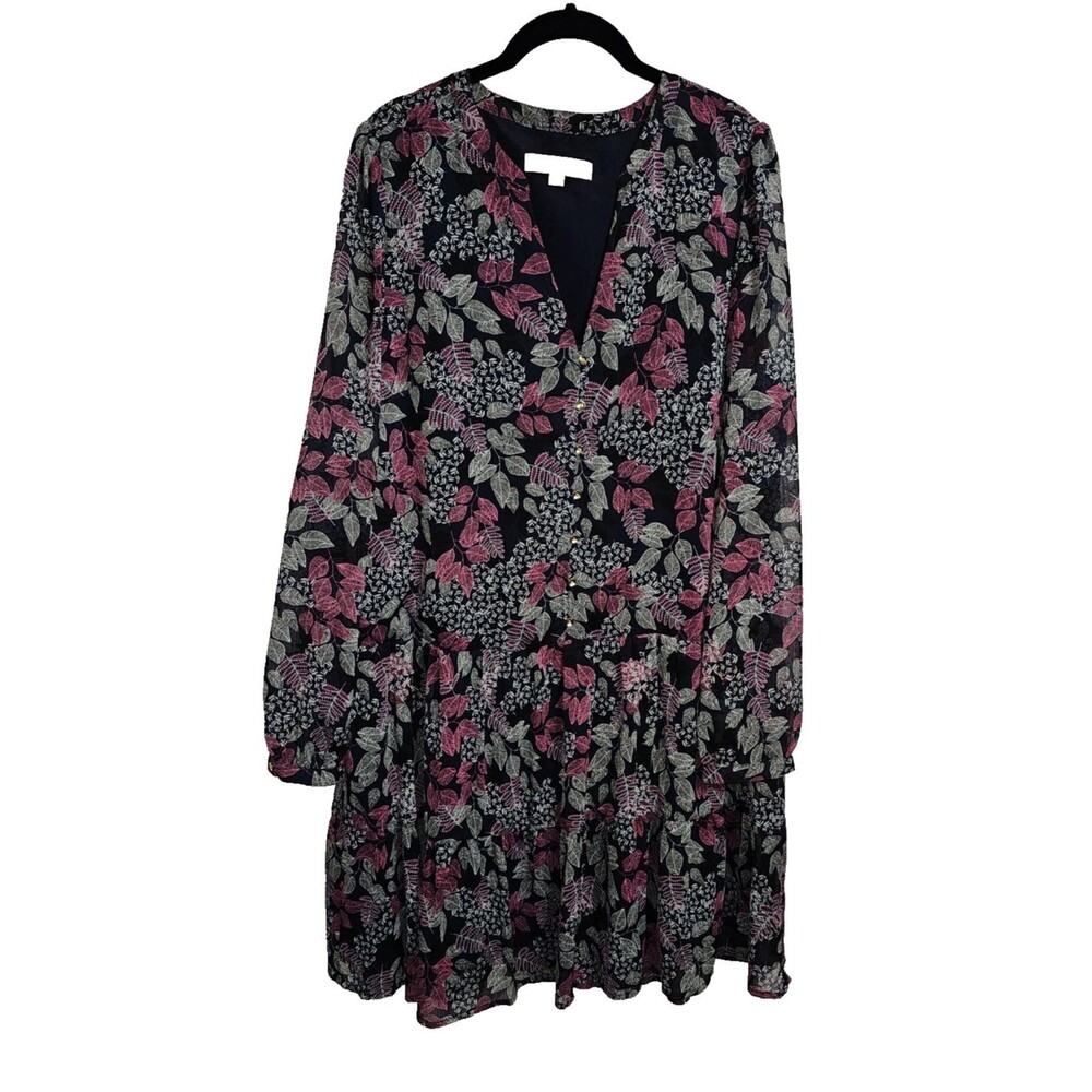 LOFT Dress Womens Large Tall Blue Floral Swing V-Neck Lined Balloon Sleeve